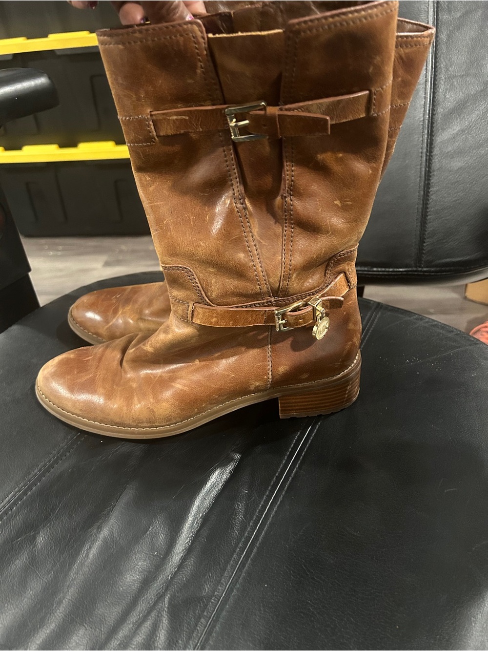 MICHAEL Michael Kors Tan Brown Leather Mid-Calf Buckle Boots